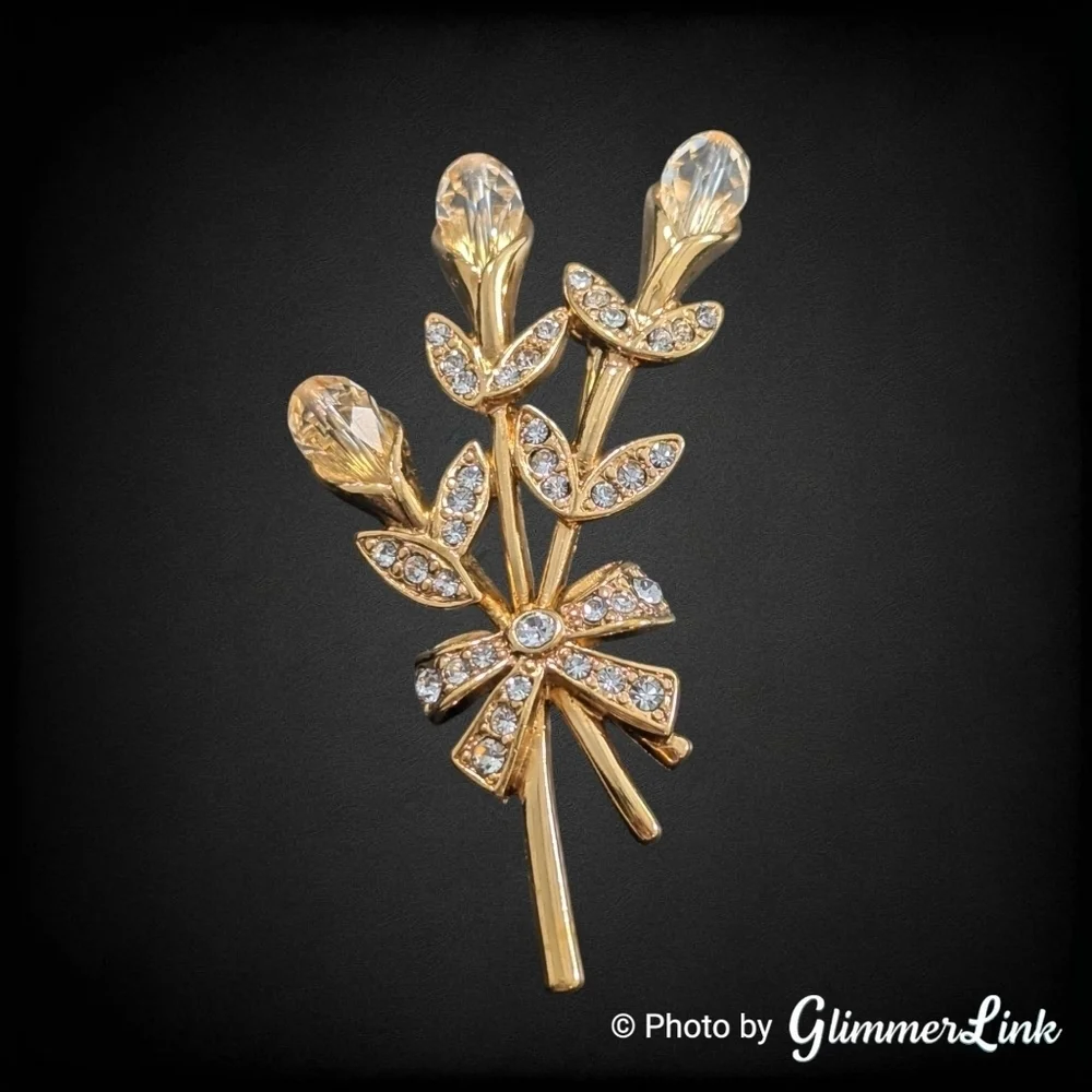 Vintage 90s Monet Floral Crystals Bouquet Bow Rhinestone Gold Tone Brooch